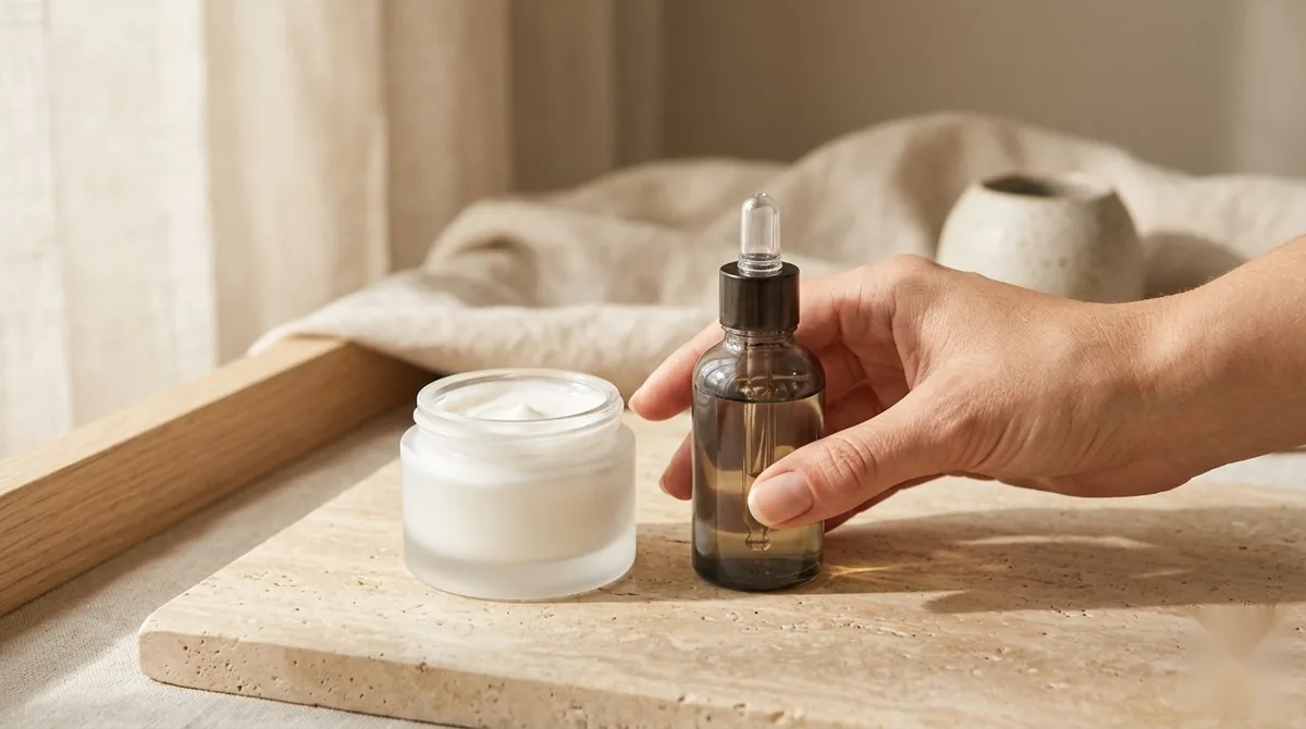 A hand choosing between two unbranded luxury skincare jars on marble
