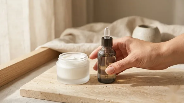 A hand choosing between two unbranded luxury skincare jars on marble