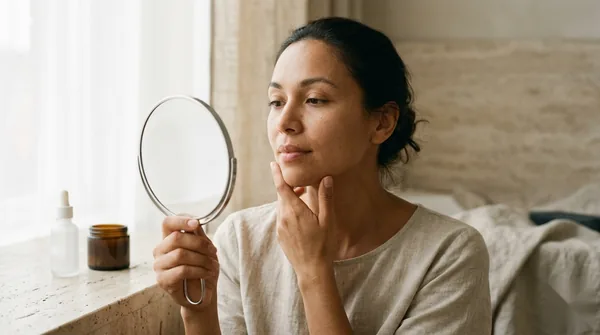 A woman studying her complexion in a handheld mirror to find her skincare match
