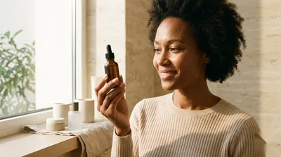 Woman holding a luxury vitamin C serum bottle in bright morning light