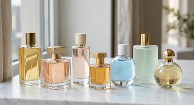 Luxury perfume bottles lined up on a marble countertop in soft daylight