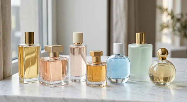 Luxury perfume bottles lined up on a marble countertop in soft daylight