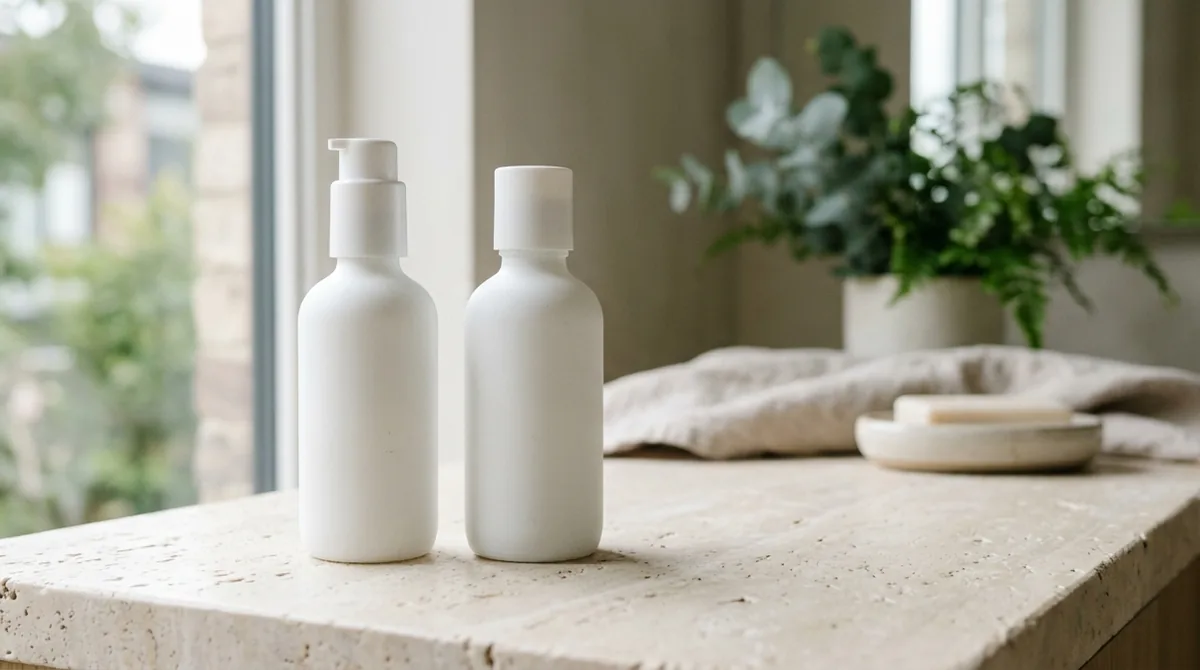 Two plain unlabelled white pump bottles on a pale travertine ledge beside a bright window, with green foliage behind