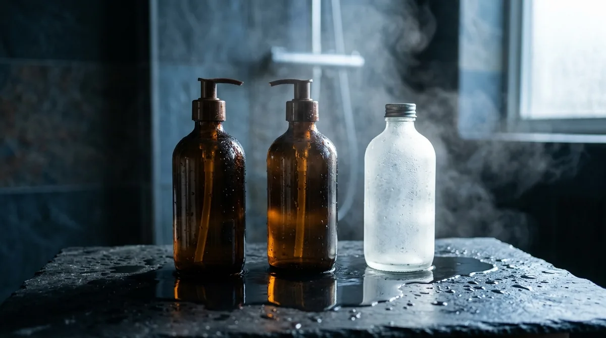 Two plain unmarked amber glass pump bottles and a frosted glass bottle standing on wet dark slate with scattered water droplets, lit from the side with steam catching the light behind