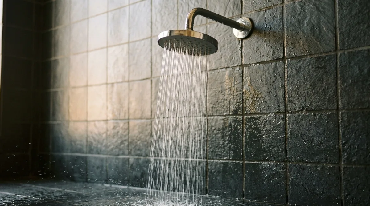 A plain unlabelled brass showerhead on a dark green-grey tiled wall, water running, lit from a window to the left