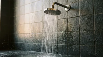 A plain unlabelled brass showerhead on a dark green-grey tiled wall, water running, lit from a window to the left