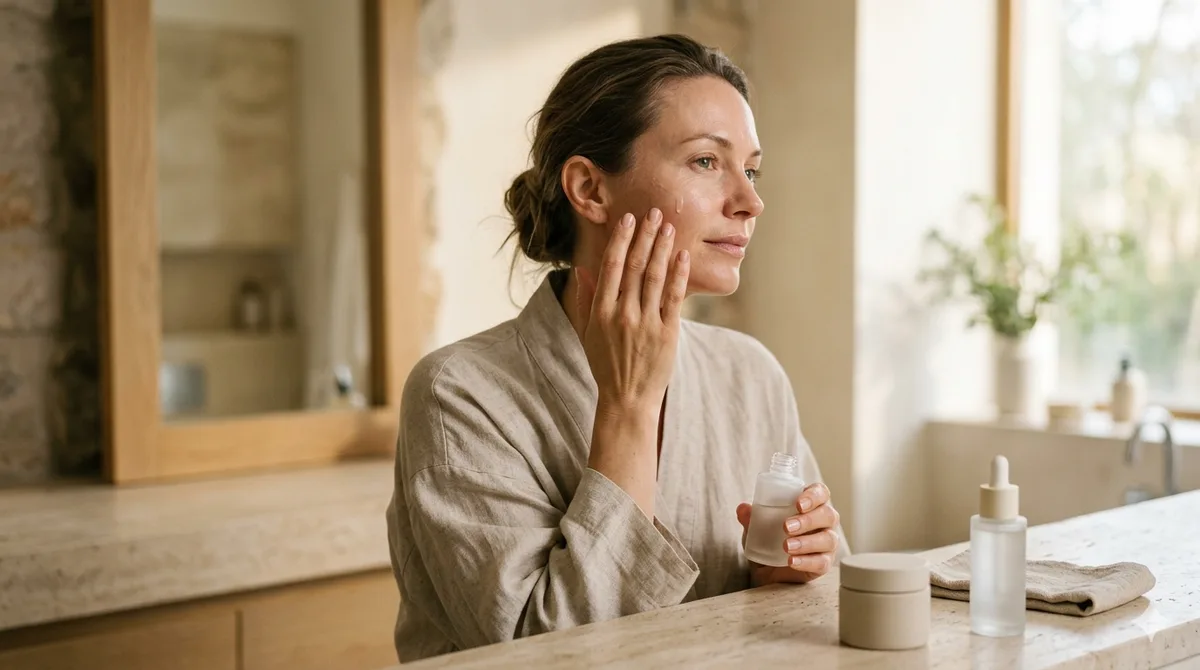 A woman applying serum at a bathroom counter as part of a legitimate skincare routine