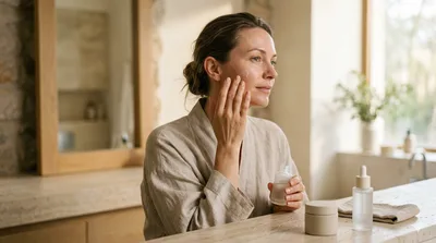 A woman applying serum at a bathroom counter as part of a legitimate skincare routine