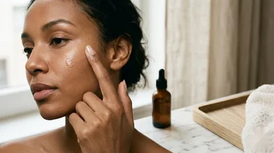 An even, brightened complexion as a vitamin C serum is smoothed over the cheek